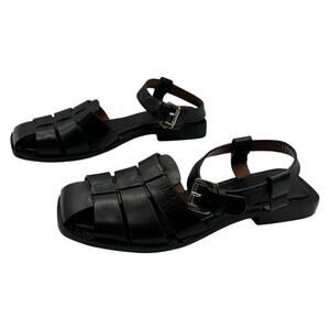 Zara Square Toe Leather Cage Fisherman Flat Sandals Black EU 38 US 7.5